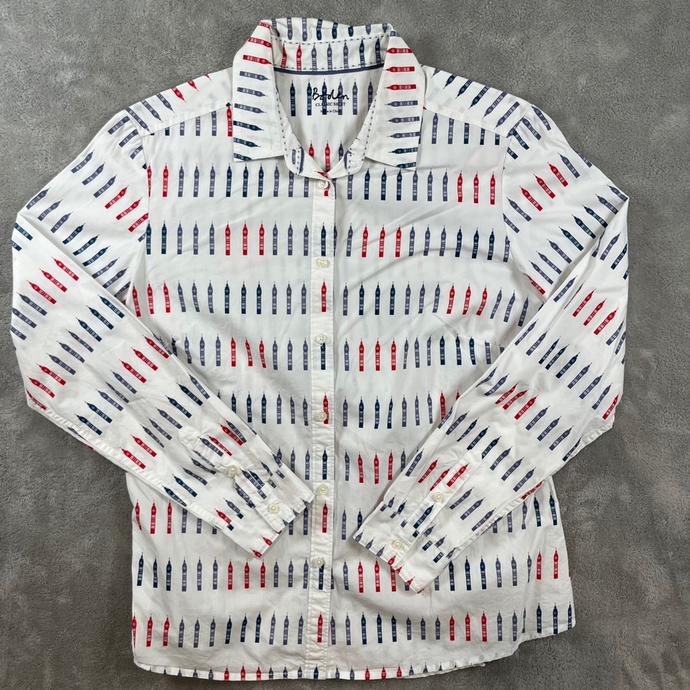 Boden Classic Shirt Womens 10 White‎ Big Ben Print Cotton Button Down Preppy